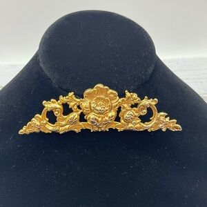 Vintage Ornate FLOWER BAR PIN Embossed Brooch Gold Plated Stamped Design